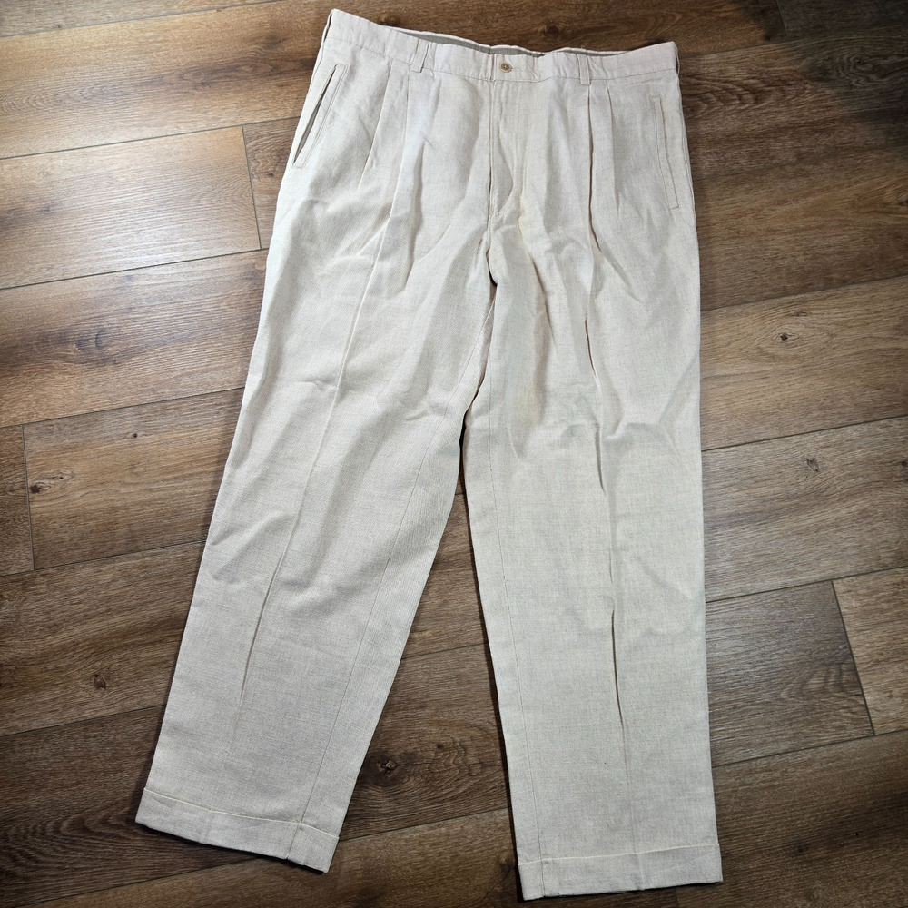 Savane Dress Pants Mens 36x30 Beige Linen Blend Pleated Deep Dye No Wrinkle